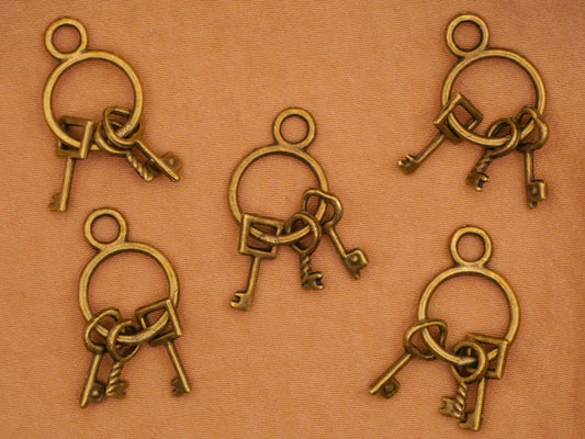 Key Moveable Bronze Metal Set of Five Charms Embellishments 13x26mm