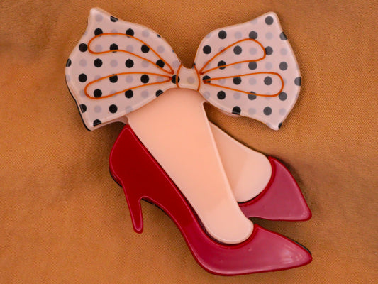 Red Shoes Heels Polka Dot Bow Large Acrylic Button 46x56mm