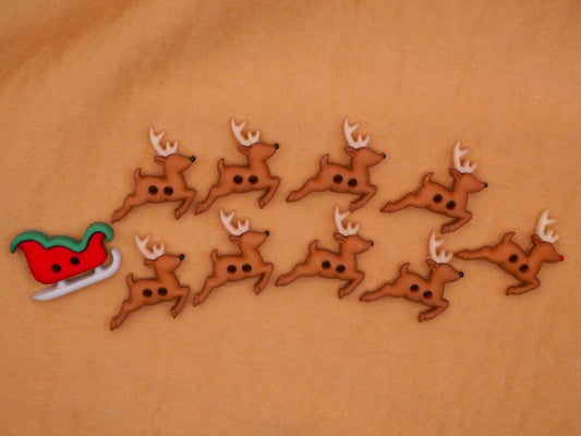 Santas Sleigh Reindeer Rudolf Plastic Snap-Together Set of Ten Buttons 20x22mm