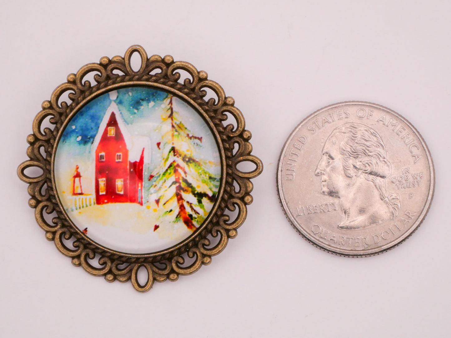 Red House Home Pine Tree Winter Scene Dome Metal Large Button 37mm