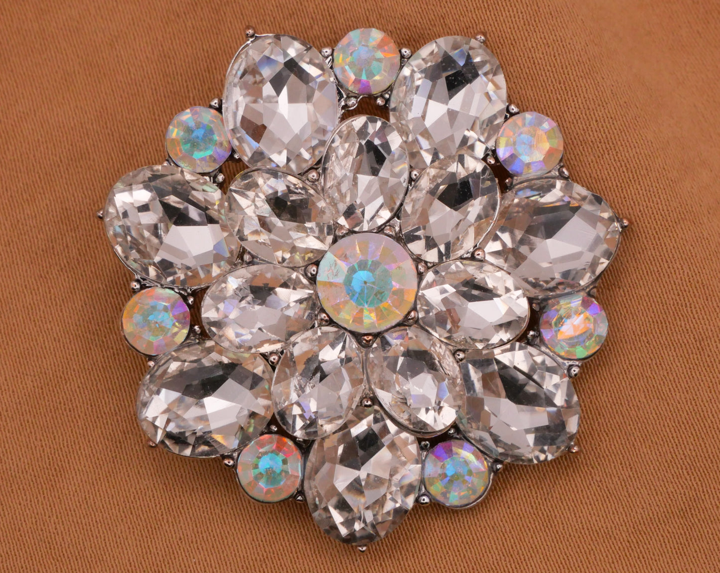 Flower Rhinestone Clear Iridescent Large Silver Metal Button 37mm