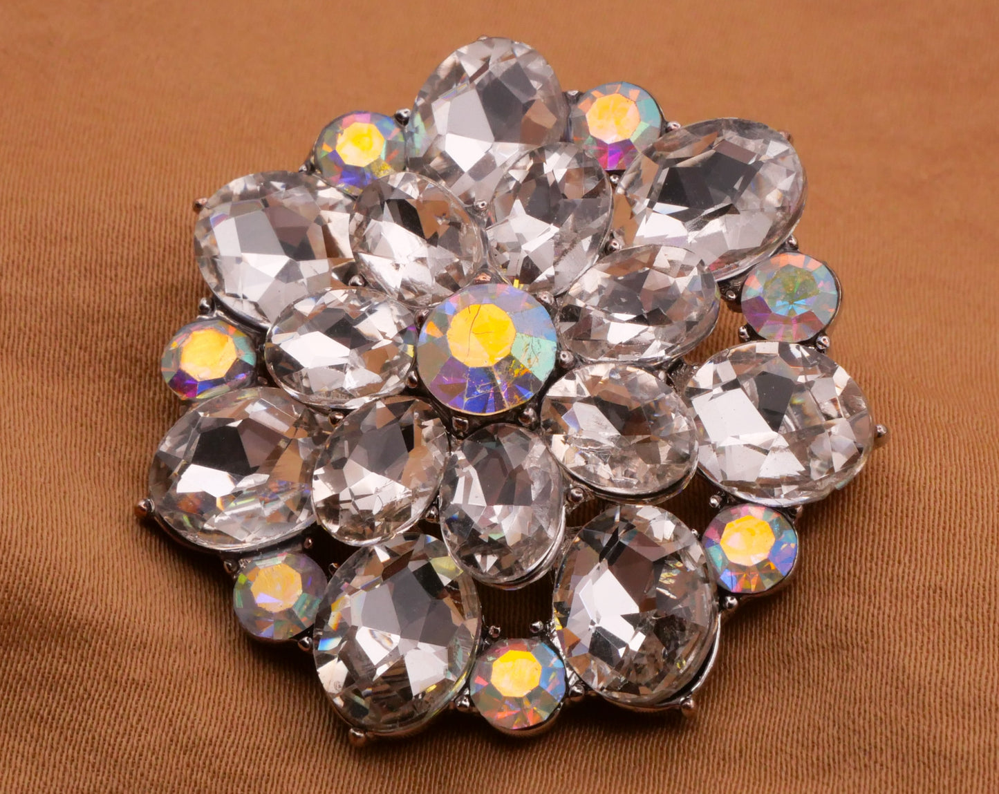 Flower Rhinestone Clear Iridescent Large Silver Metal Button 37mm