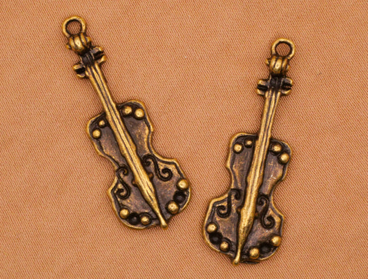 Violin Viola String Instrument Bronze Metal Pair of Charms 11x32mm