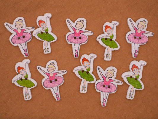 Ballet Ballerina Pink Green Wood Set of Ten Buttons 18-30mm