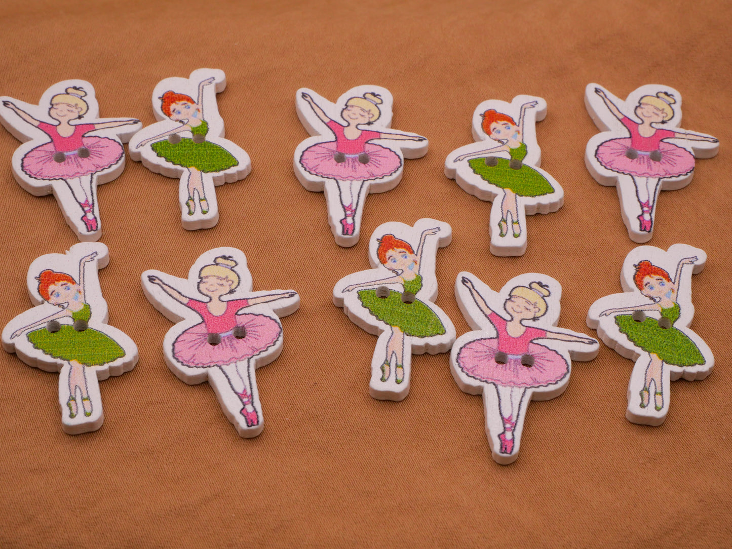 Ballet Ballerina Pink Green Wood Set of Ten Buttons 18-30mm