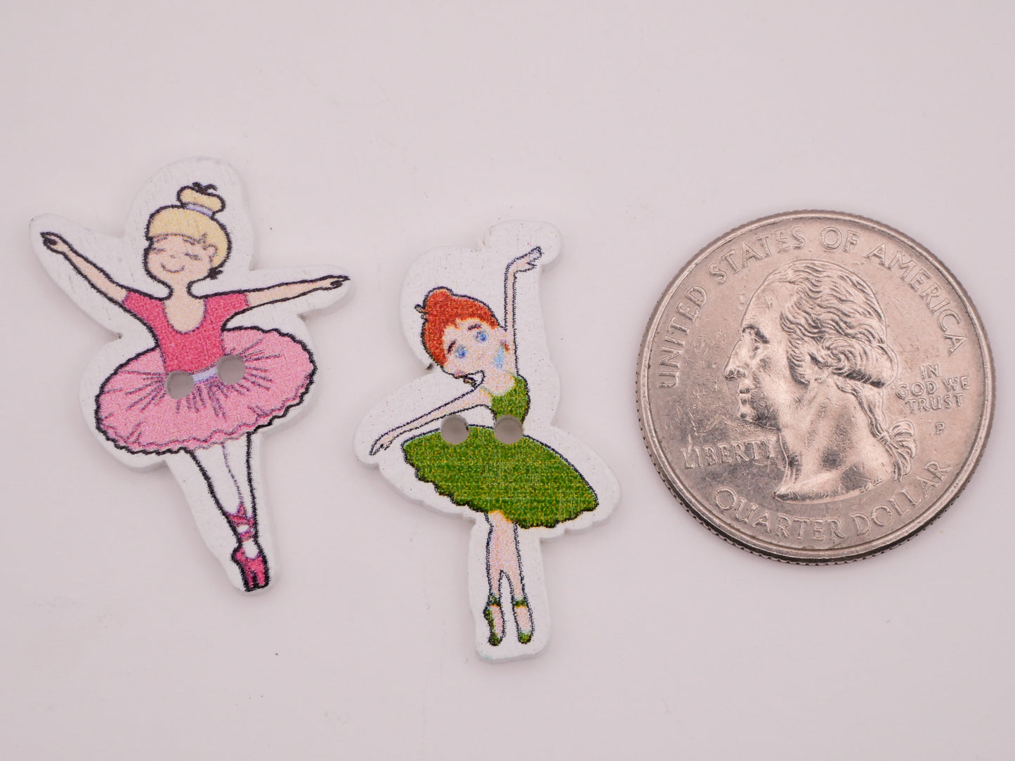 Ballet Ballerina Pink Green Wood Set of Ten Buttons 18-30mm