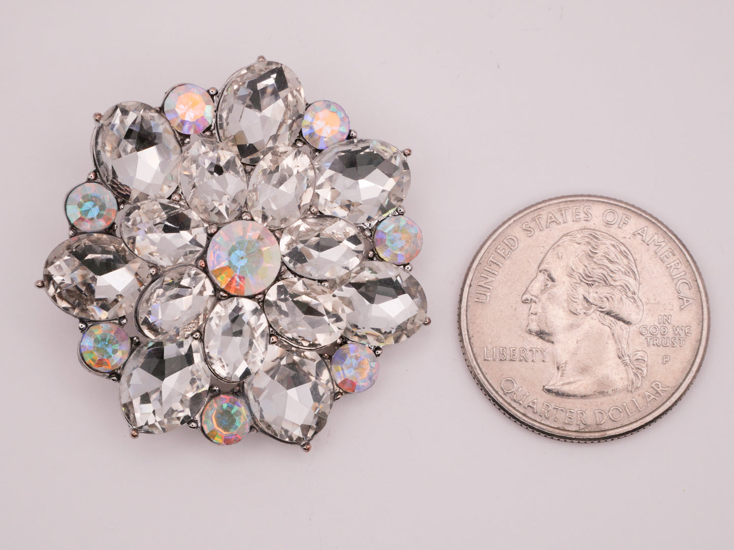 Flower Rhinestone Clear Iridescent Large Silver Metal Button 37mm