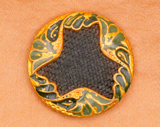 Green Enamel Weave Fabric Center Victorian Metal Button 23mm