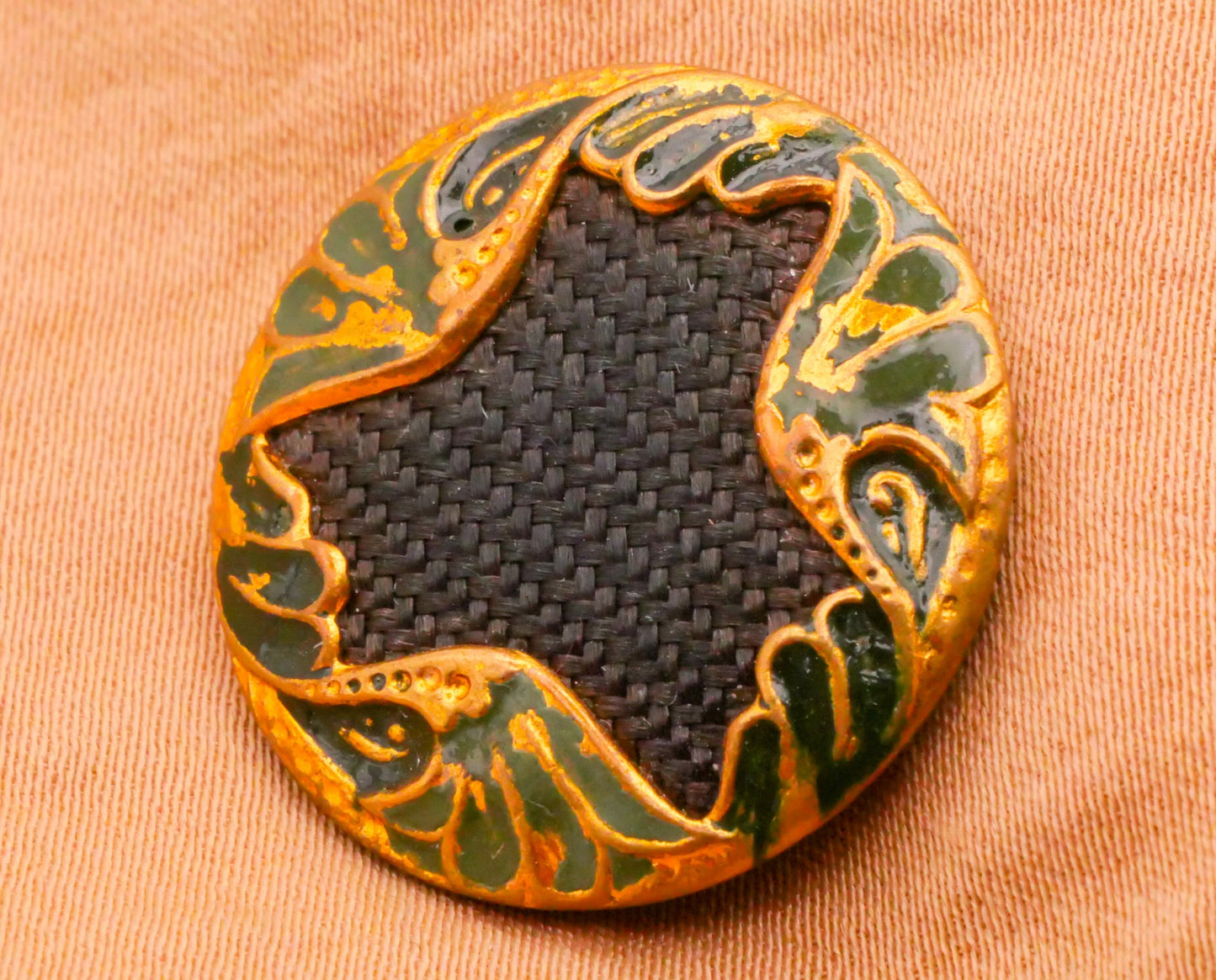 Green Enamel Weave Fabric Center Victorian Metal Button 23mm