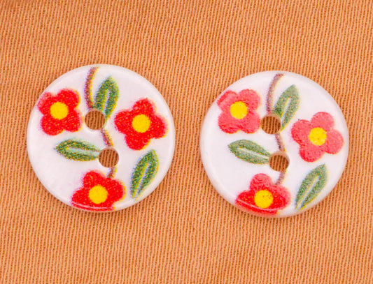 Flower Red Vining Mother of Pearl Pair of Buttons 12mm