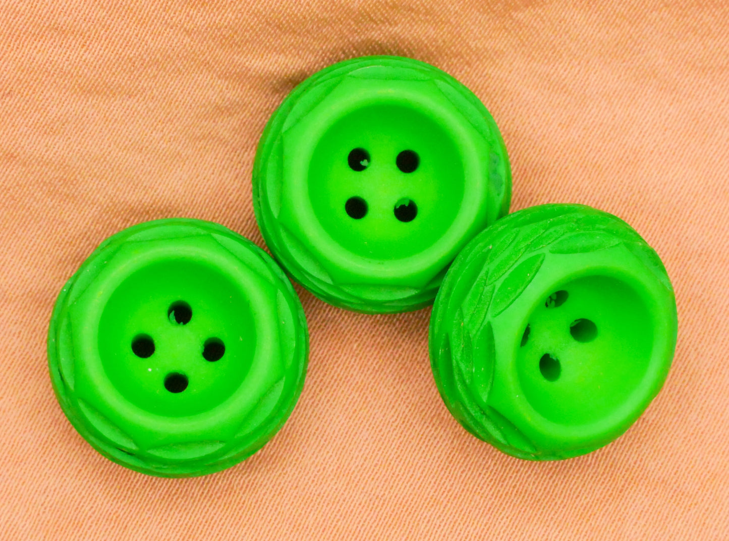 Bright Green Carved Vintage Plastic Set of Three Buttons 16mm