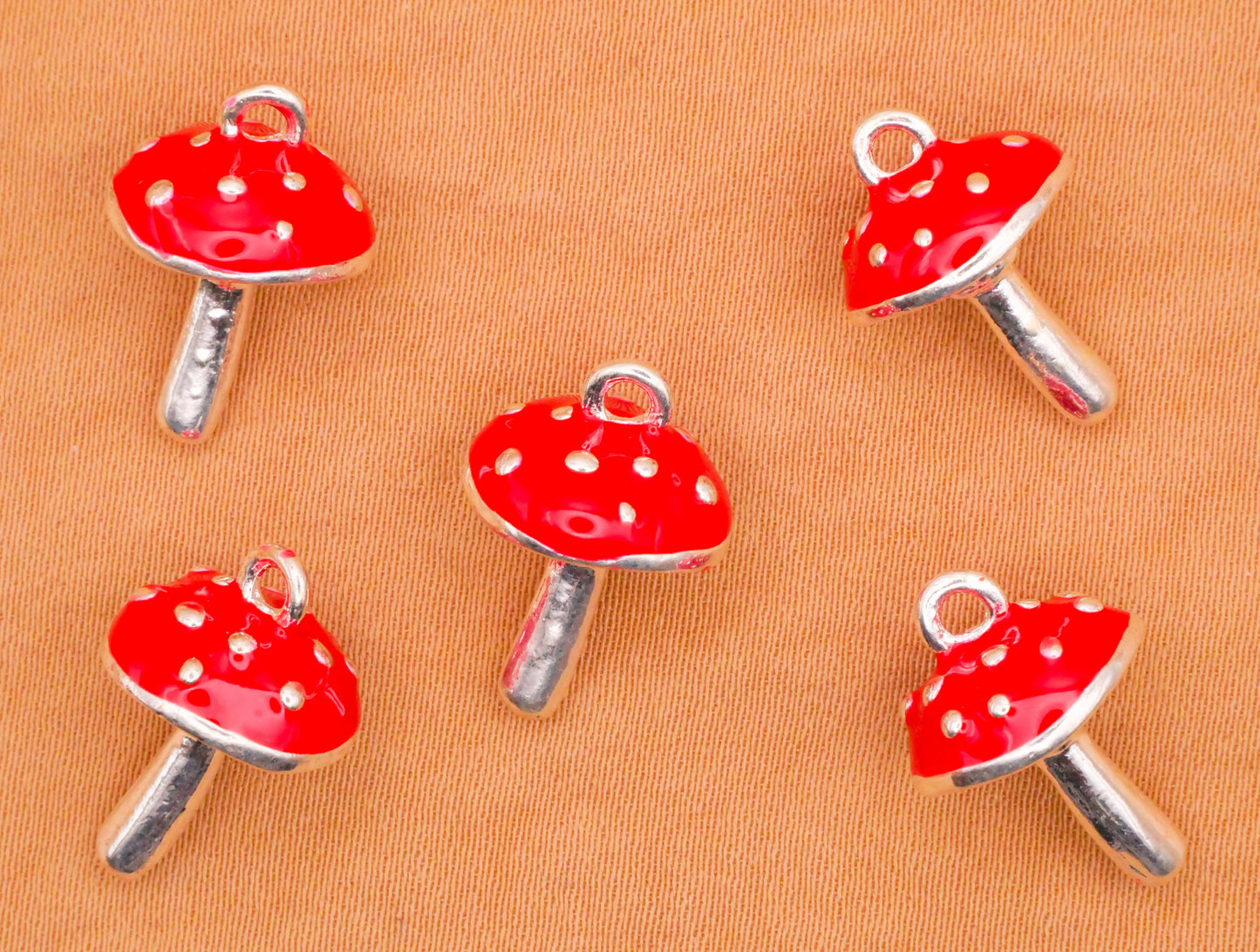 Mushroom Red Enamel Silver Metal Set of Five Charms Embellishments 11x17mm