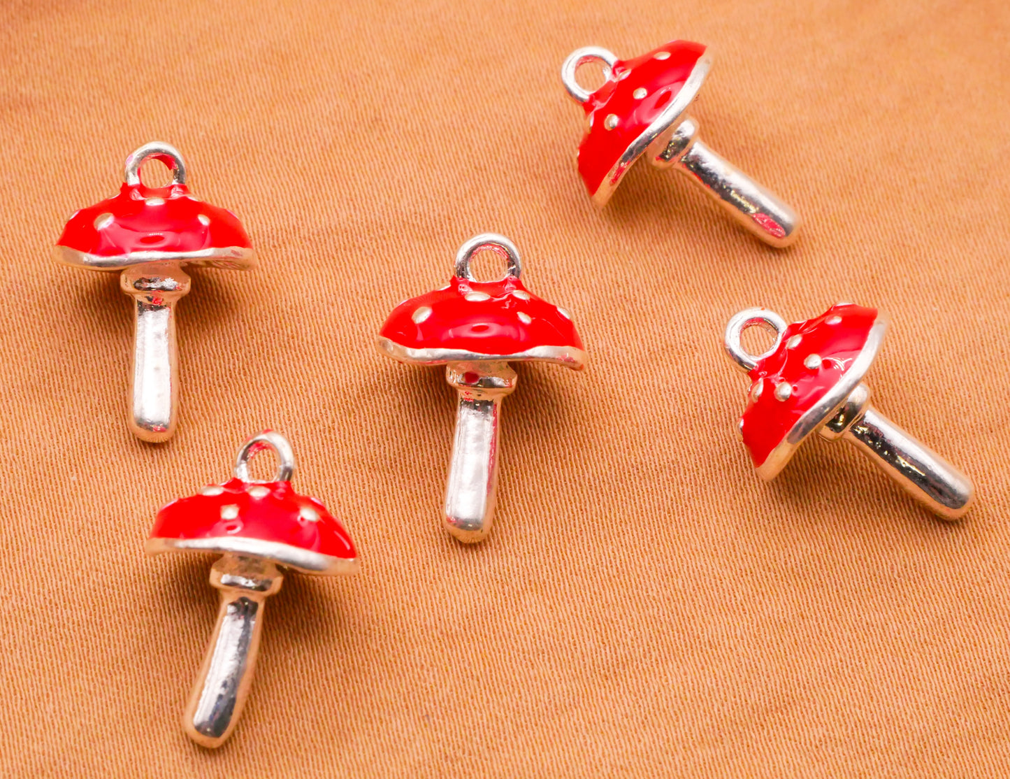 Mushroom Red Enamel Silver Metal Set of Five Charms Embellishments 11x17mm