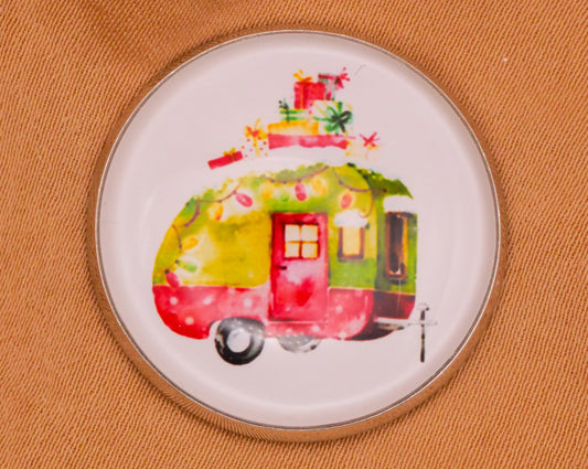 Camper Christmas Red Green Glass Dome Silver Metal Button 27mm