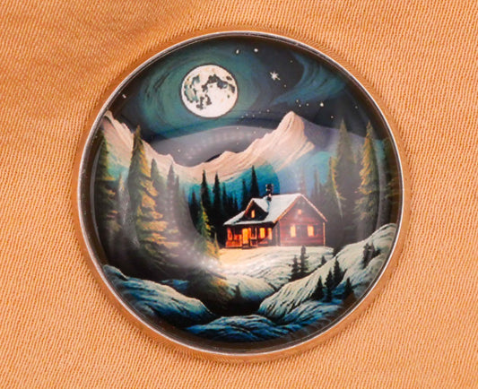 Cabin Landscape Night Scene Moon Glass Dome Silver Metal Button 27mm