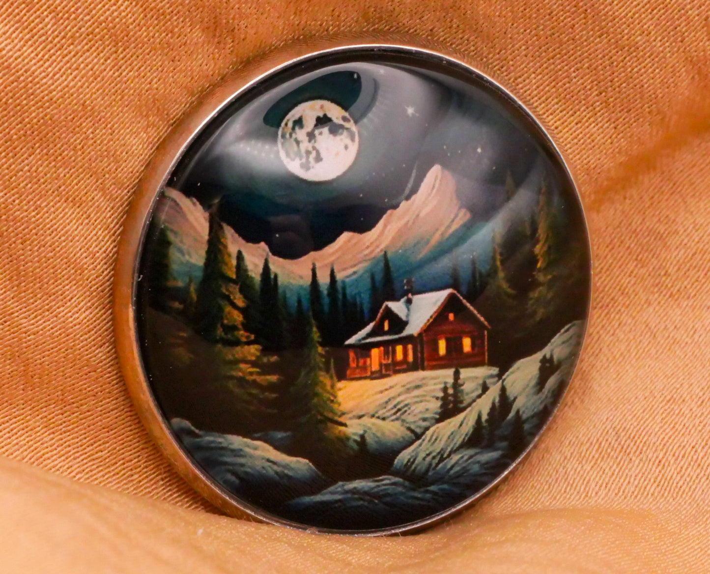 Cabin Landscape Night Scene Moon Glass Dome Silver Metal Button 27mm