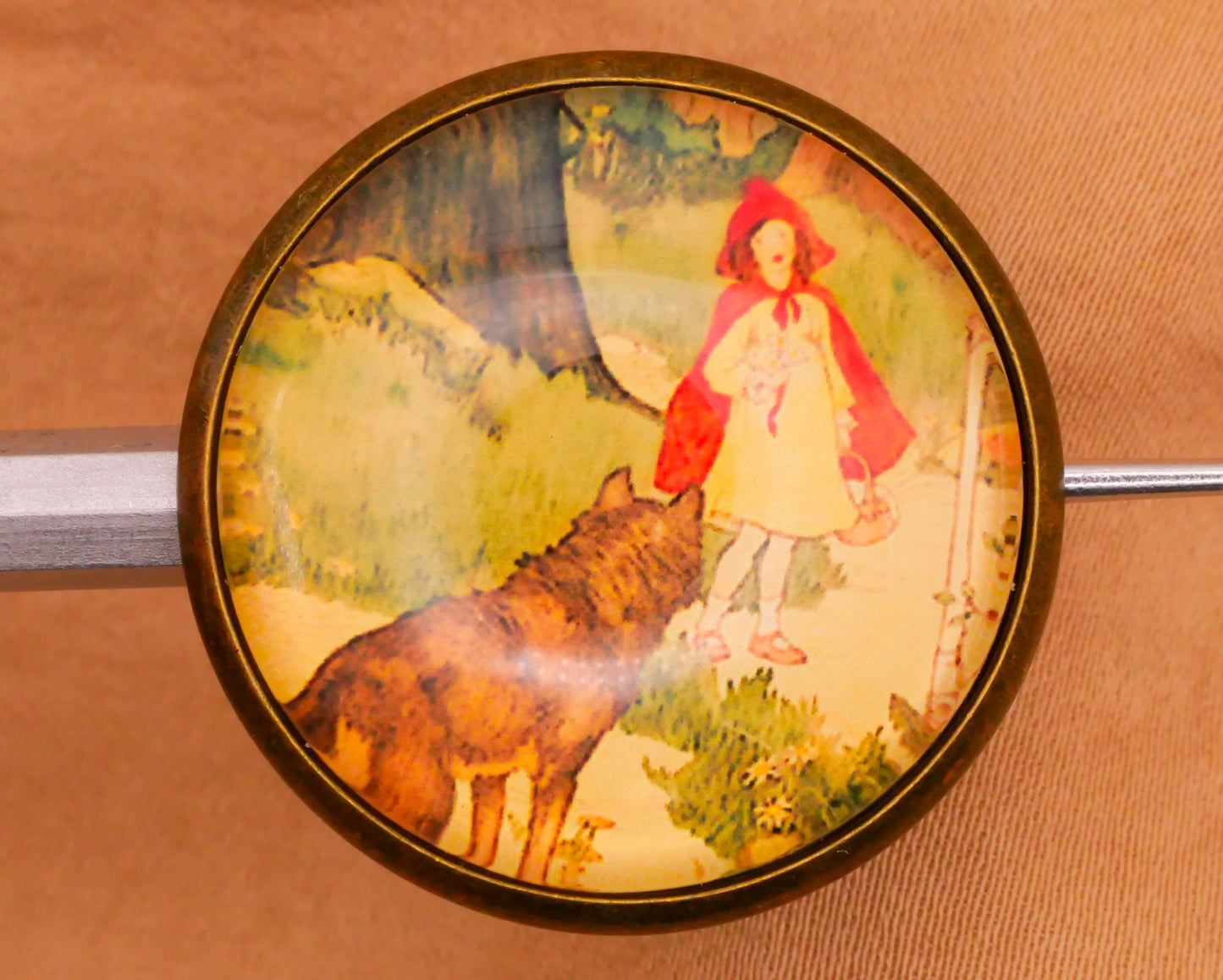 Little Red Riding Hood Big Bad Wolf Glass Dome Bronze Metal Button 28mm