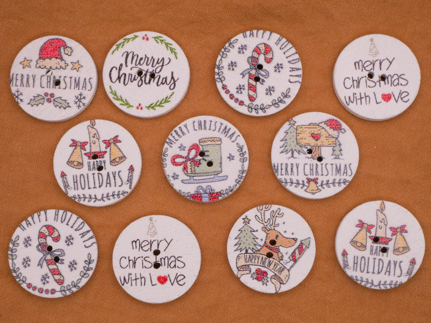 Holiday Greetings Verbal Christmas Wood Assorted Set of Ten Buttons 20mm