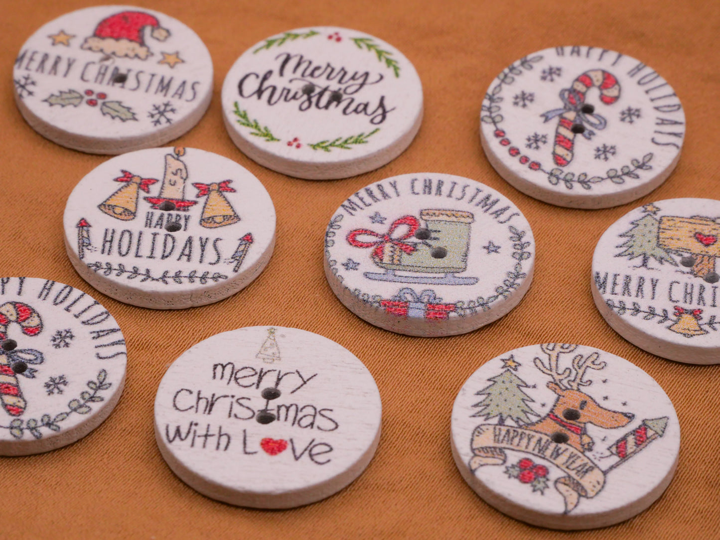 Holiday Greetings Verbal Christmas Wood Assorted Set of Ten Buttons 20mm