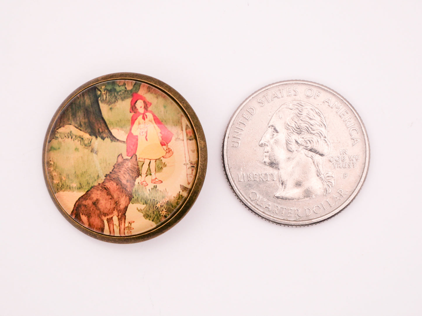 Little Red Riding Hood Big Bad Wolf Glass Dome Bronze Metal Button 28mm