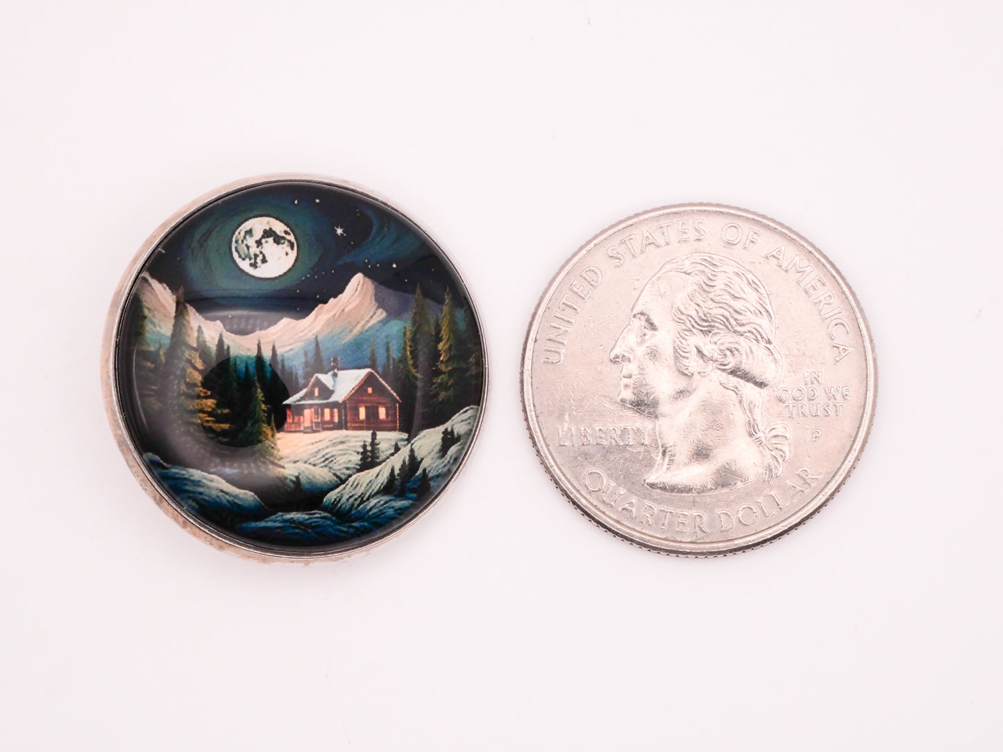 Cabin Landscape Night Scene Moon Glass Dome Silver Metal Button 27mm