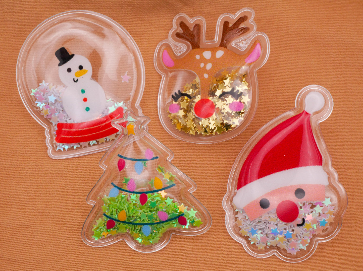 Christmas Santa Reindeer Tree Snowman Globe Glitter Moveable Soft Plastic Set of Four Buttons 33-49mm