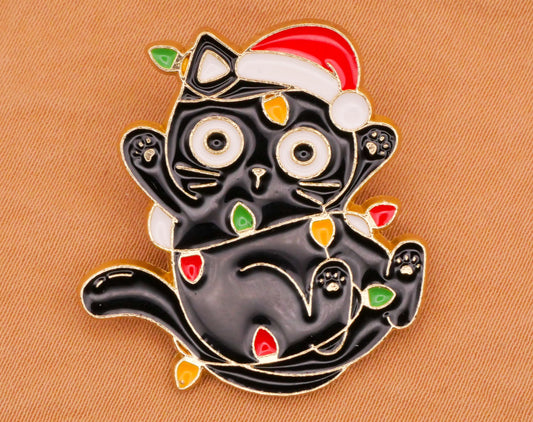 Black Kitty Cat Santa Hat Christmas Lights Enamel Metal Button 28x30mm