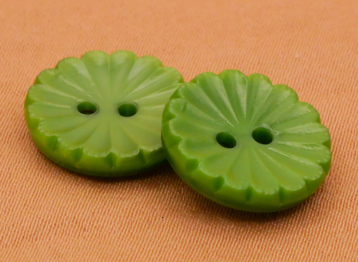 Green Glass Fluted Sunburst Pair of Buttons 14mm