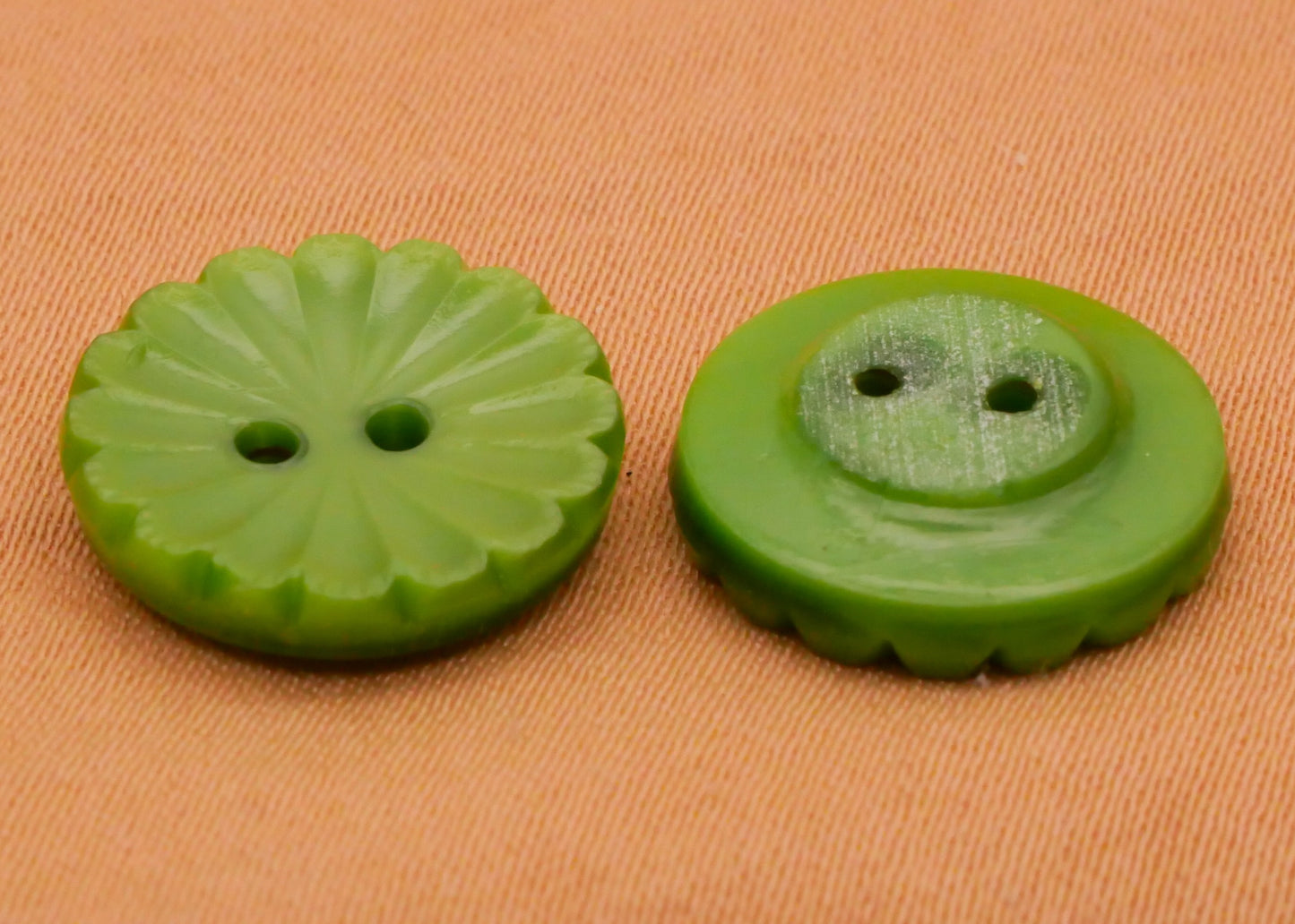 Green Glass Fluted Sunburst Pair of Buttons 14mm