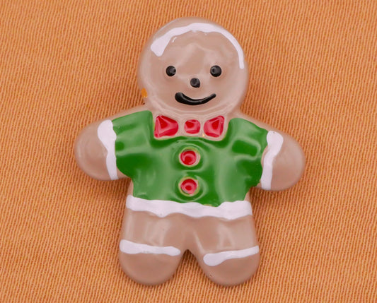 Gingerbread Man Green Jacket Bow Tie Hand-Painted Enamel Metal JHB Button 20x23mm