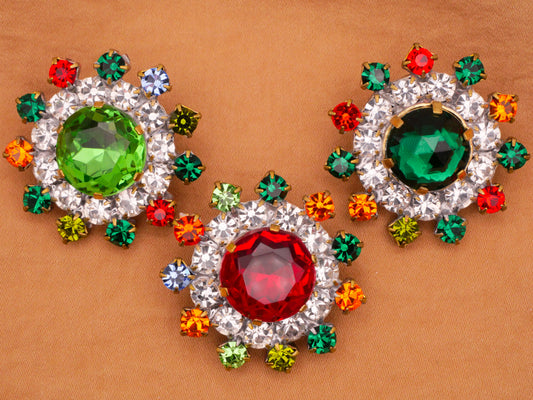 Snowflake Red Green Czech Glass Rhinestone Large Metal Vintage Button Various 32mm