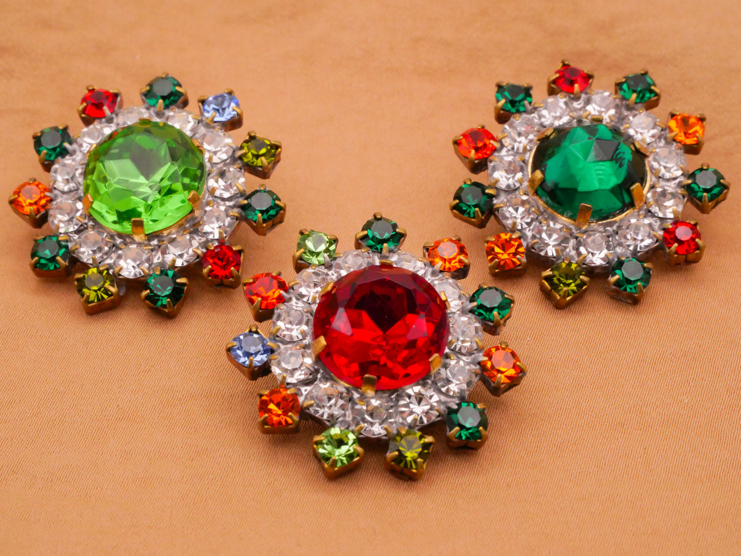 Snowflake Red Green Czech Glass Rhinestone Large Metal Vintage Button Various 32mm