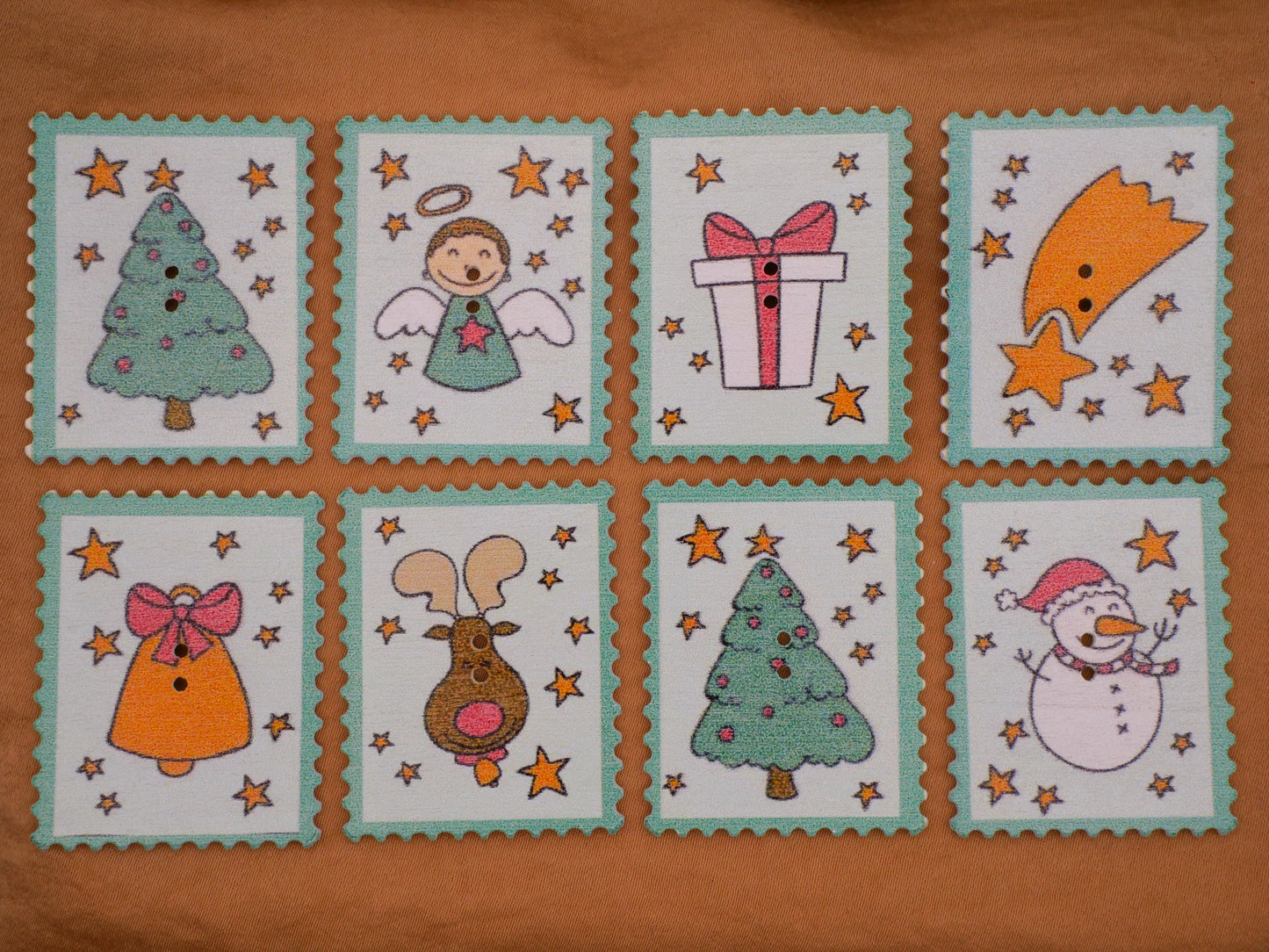 Christmas Stamp Tree Gift Shooting Star Reindeer Mint Green Wood Set of Eight Buttons 30x38mm