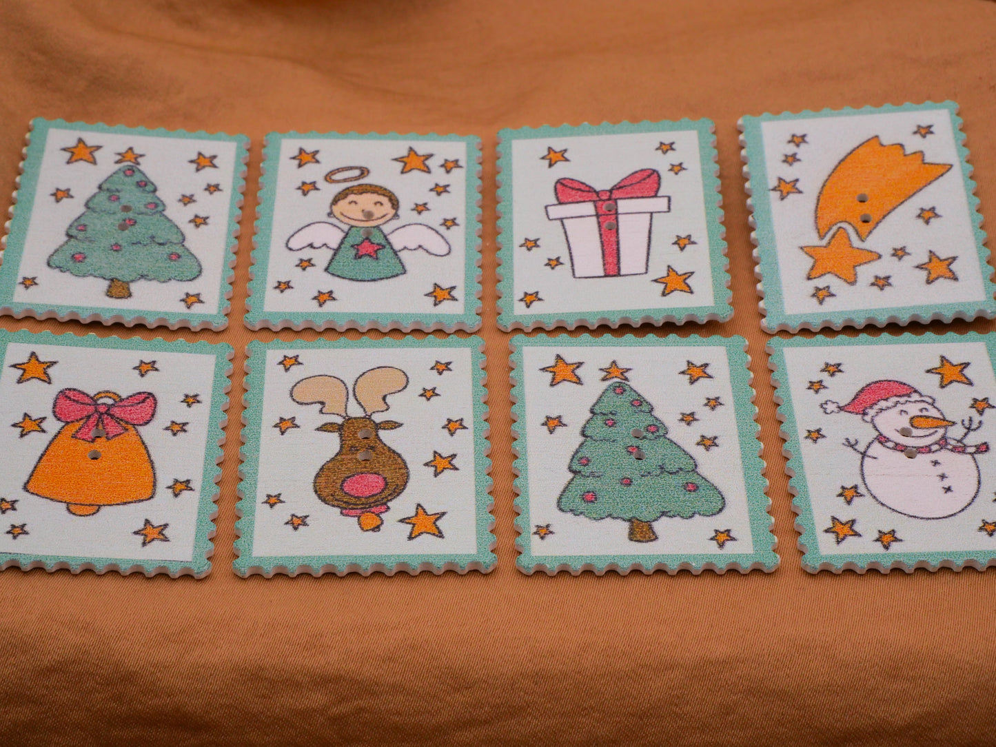 Christmas Stamp Tree Gift Shooting Star Reindeer Mint Green Wood Set of Eight Buttons 30x38mm