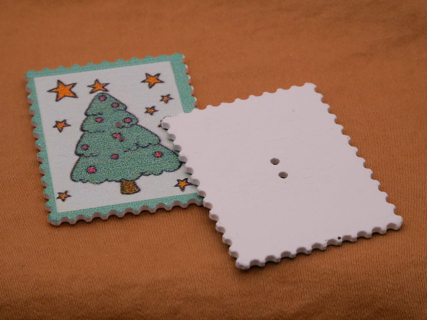 Christmas Stamp Tree Gift Shooting Star Reindeer Mint Green Wood Set of Eight Buttons 30x38mm