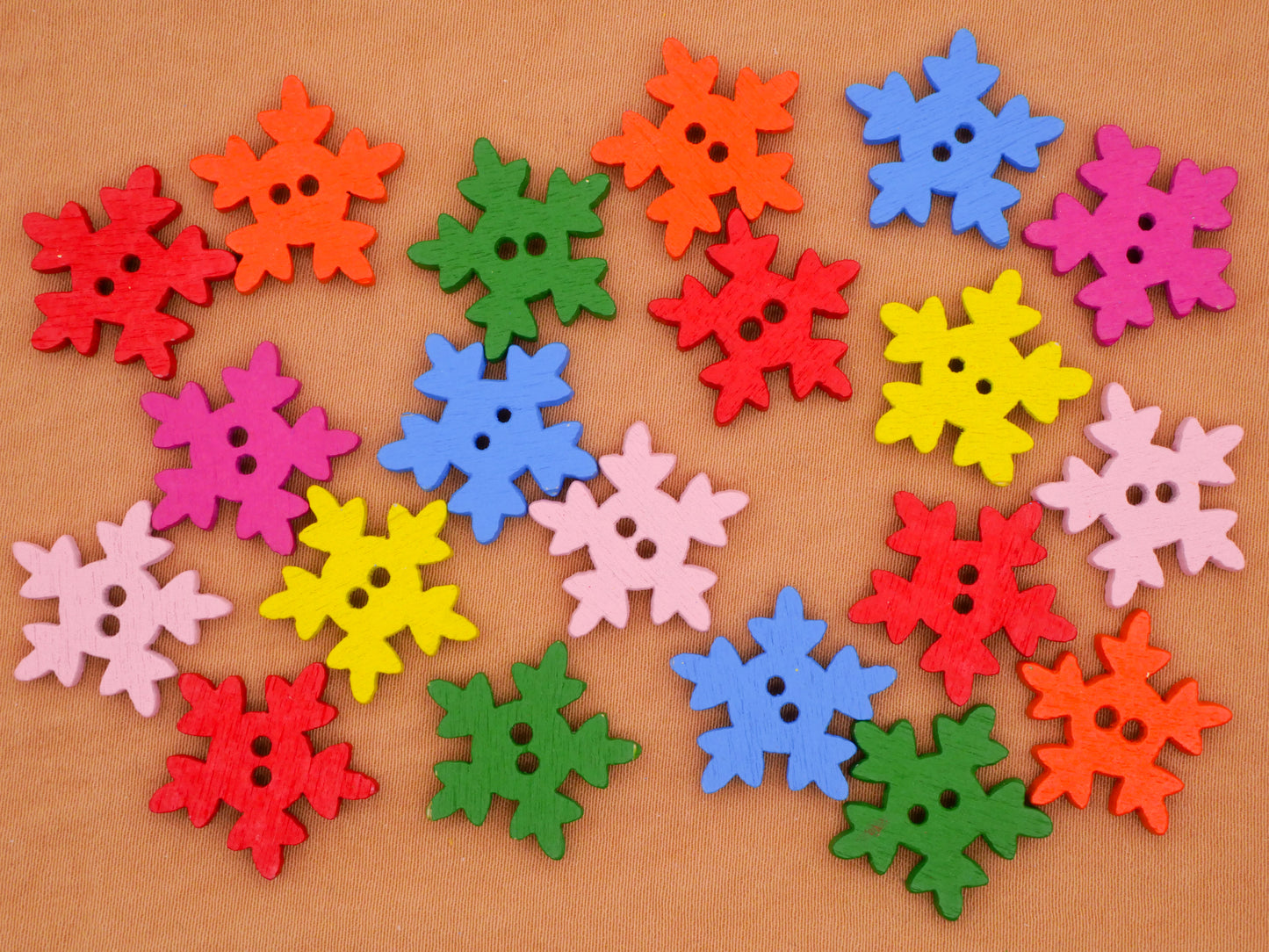 Snowflake Bright Colorful Wood Set of Twenty Buttons 17mm