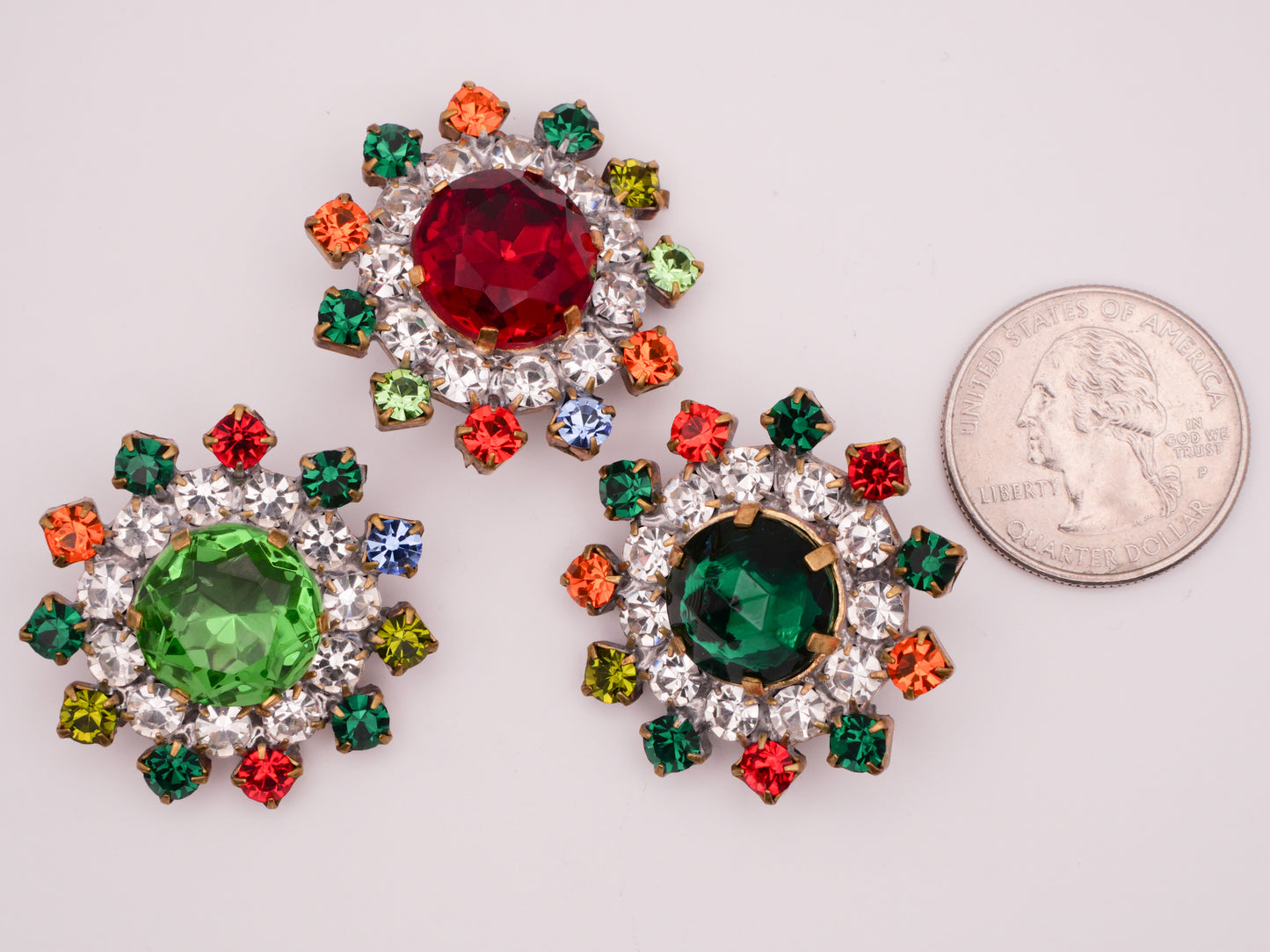 Snowflake Red Green Czech Glass Rhinestone Large Metal Vintage Button Various 32mm