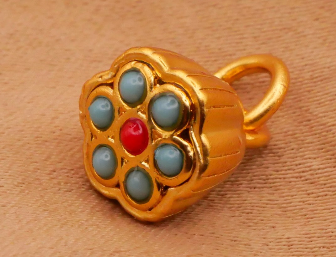 Lotus Flower Seed Pod Faux Turquoise Gold Metal Charm Embellishment 8x14mm