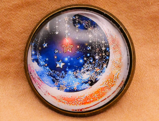 Crescent Moon Star Snow Glass Dome Bronze Metal Button 28mm