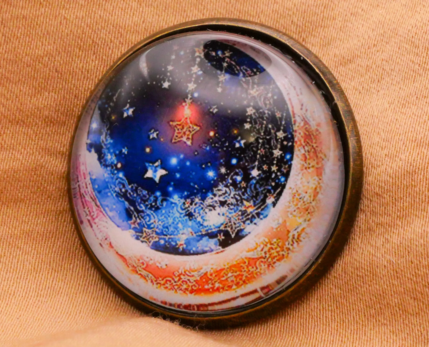 Crescent Moon Star Snow Glass Dome Bronze Metal Button 28mm