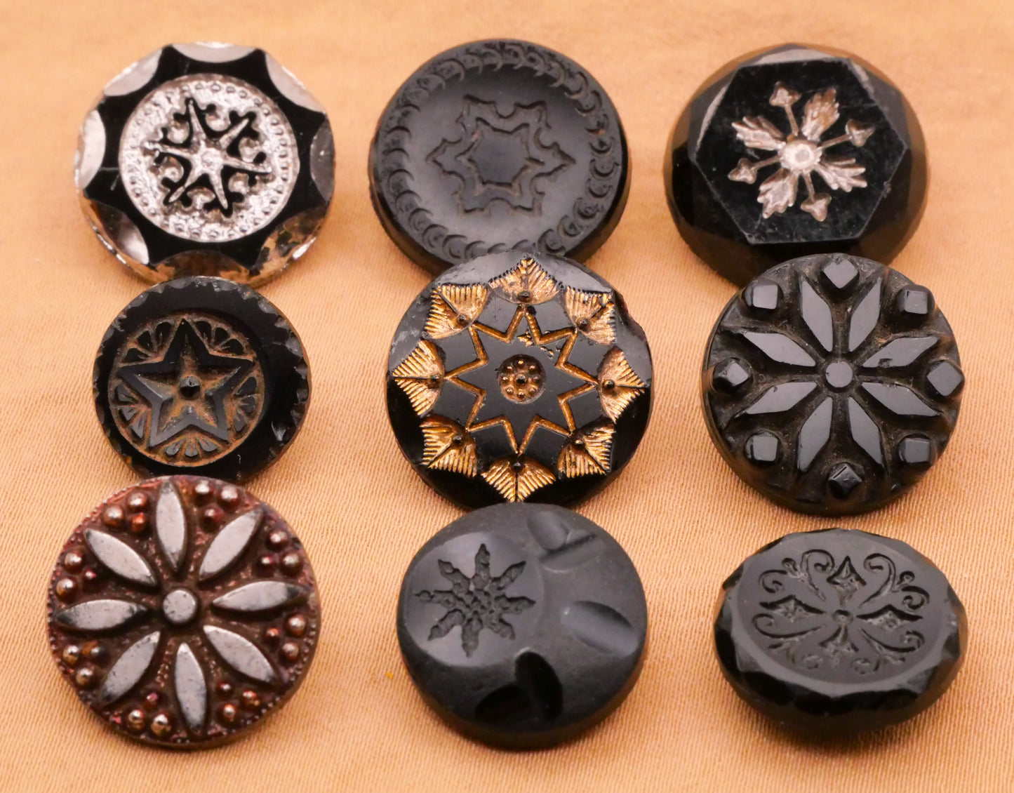 Snowflake Vintage Antique Black Glass Button Various 14-18mm