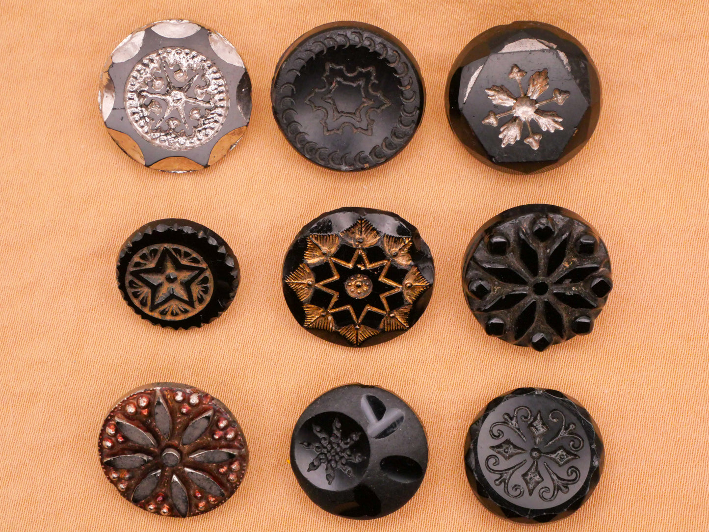 Snowflake Vintage Antique Black Glass Button Various 14-18mm