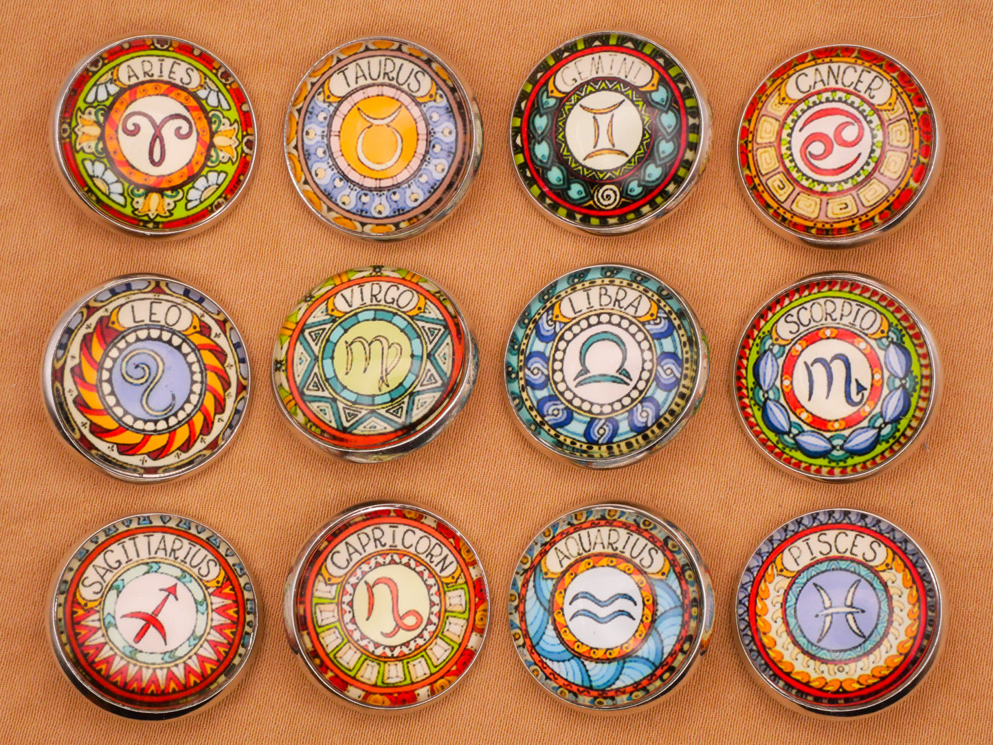 Zodiac Signs Astrology Glass Dome Silver Metal Button Various 20mm