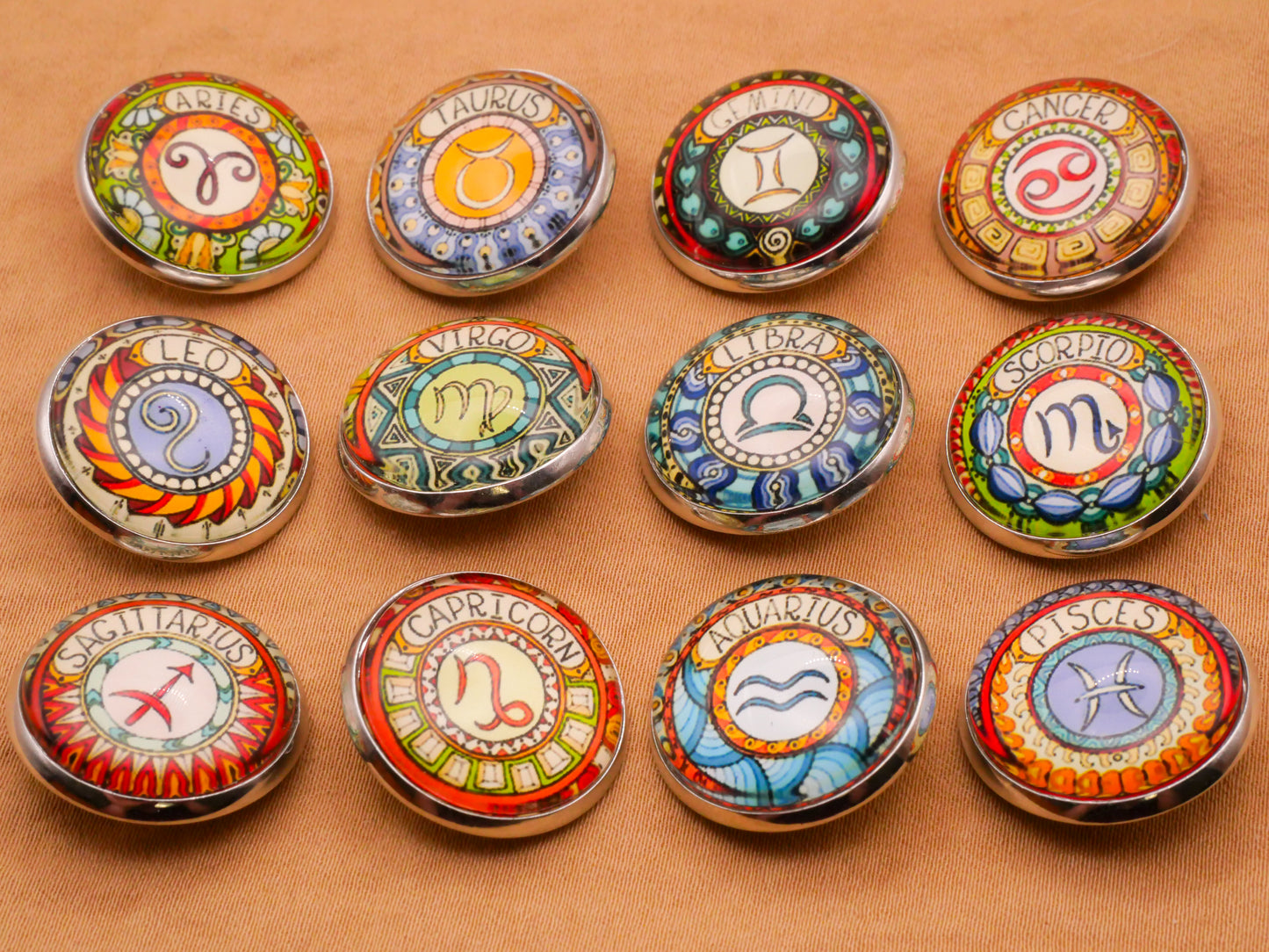 Zodiac Signs Astrology Glass Dome Silver Metal Button Various 20mm