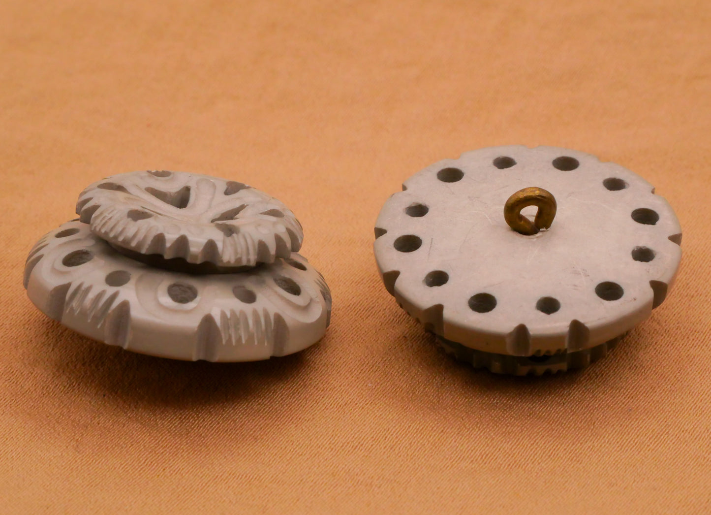 Casein Carved Sculpted Two-Tier Grey Early Plastic Button 26mm