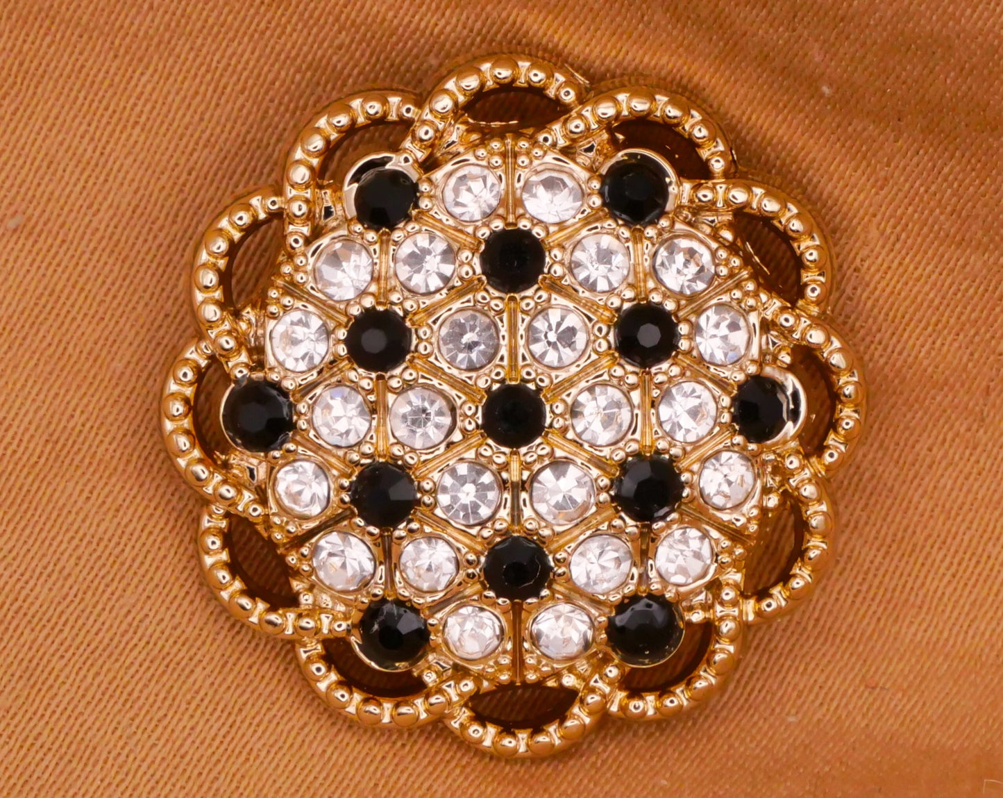 Rhinestone Black Clear Gold Lace Edge Metal Button 23mm