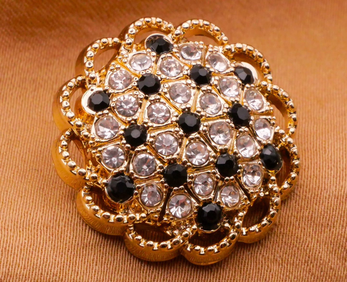 Rhinestone Black Clear Gold Lace Edge Metal Button 23mm