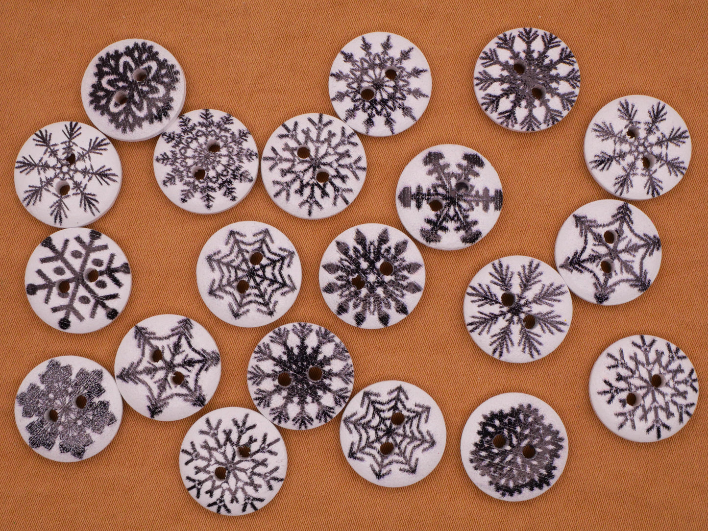 Snowflake Black White Assorted Wood Set of Twenty Buttons 15mm