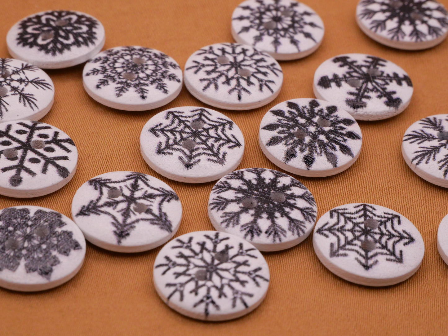 Snowflake Black White Assorted Wood Set of Twenty Buttons 15mm