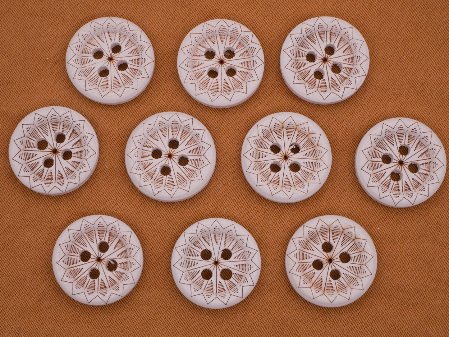 Snowflake Laser Etched White Wood Set of Ten Buttons 15mm